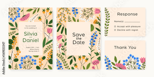 Wedding invitation, Save the Date, response and thank cards designs set. Floral backgrounds templates with field flowers for marriage party, romantic event, anniversary. Flat vector illustrations