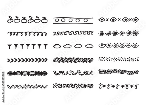 Collection of Hand Drawn Borders. Aztec Black isolated on white background art dividers. Trendy separators. Vector illustration