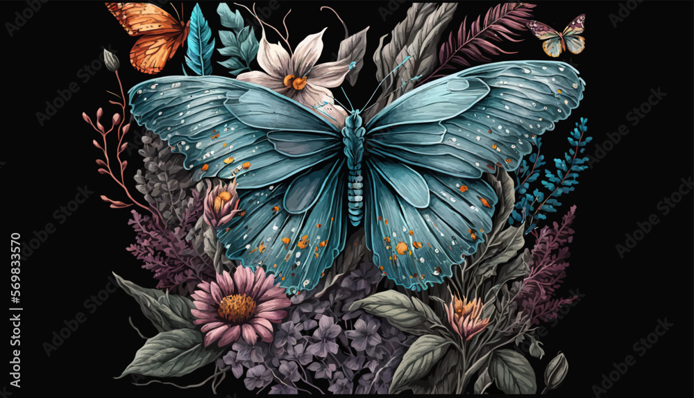 butterfly in colorful bouquet of flowers vector illustration. Isolation ...