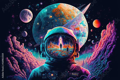 Generative AI, Psychedelic Space banner template, nostalgic 80s, 90s background. Horizontal illustration of the future landscape with mountains, planets, trees, moon. Surrealist escapism concept.	
 photo