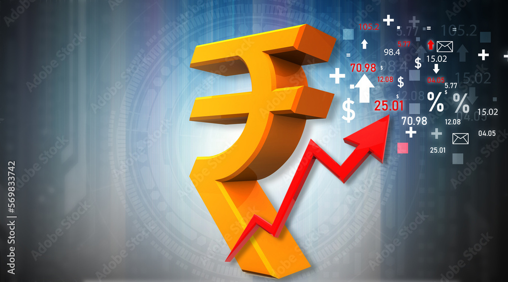 Indian rupee symbol with arrow graph moving up. Rupee strengthening. 3d ...