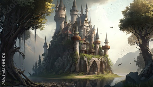 Sprawling medieval castle. Illustration fantasy by generative IA