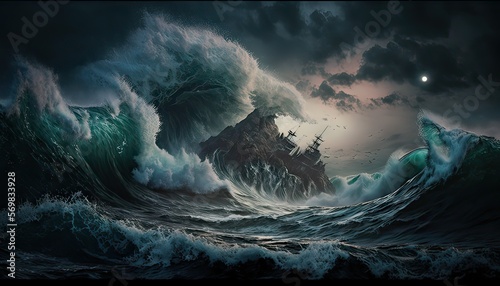 Tempestuous ocean with towering waves and churning currents. Illustration fantasy by generative IA