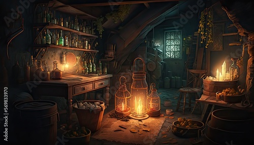 Dank and dimly-lit basement filled with strange instruments and arcane ingredients. Illustration fantasy by generative IA © pixardi