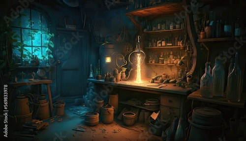 Dank and dimly-lit basement filled with strange instruments and arcane ingredients. Illustration fantasy by generative IA