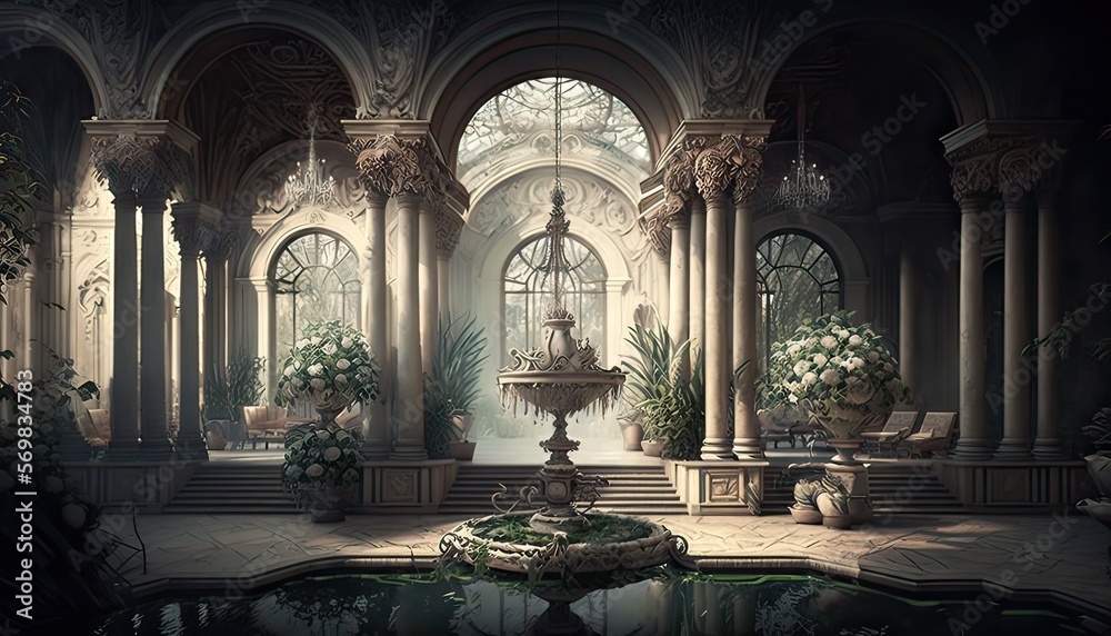 Sprawling palace filled with glittering chandeliers, marble columns, and ornate furnishings. Illustration fantasy by generative IA