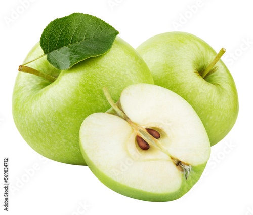 Group of ripe green apple fruits with apple half and green leaf isolated on transparent background