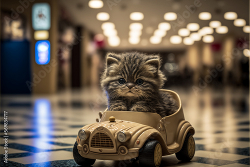 Fototapete avarice kitten in avarice toy car. Generative Ai
