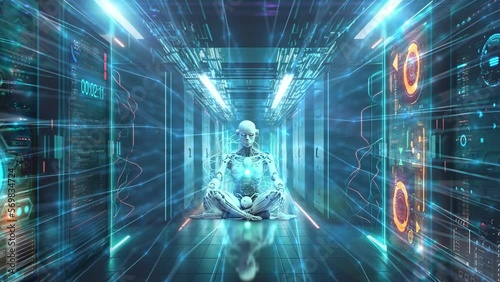 Featuring a long, modern server room hallway and a white android robot sitting at its center, this video brings the concept of AI to life