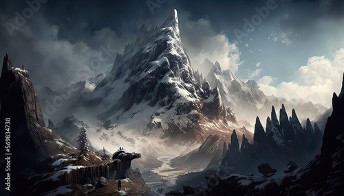 Towering mountain range dotted with towering peaks and treacherous passes. Illustration fantasy by generative IA