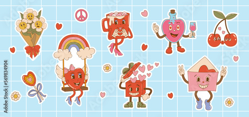 Set stickers groovy valentines day cartoon characters in 60s - 70s retro style. Vintage comic vector