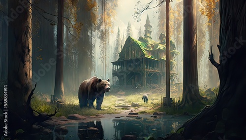 Giant bear rampaging through a village. The environment is a dense and tangled forest filled with towering trees and a variety of wildlife. Illustration fantasy by generative IA