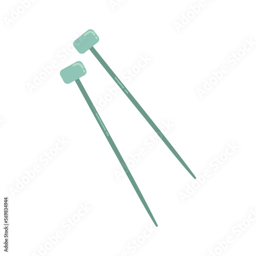 Vector green knitting needles. Cozy crafting hobby. Knitting needles in flat design.