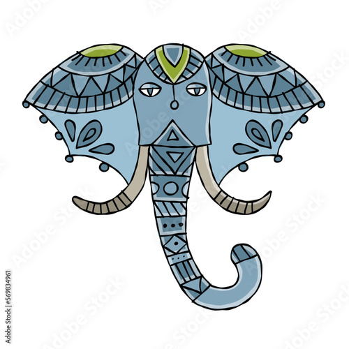 Elephant face design, ethnic ornament isolated on white