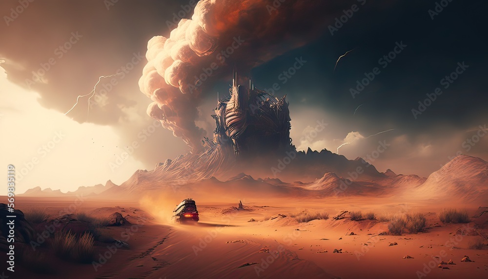 Fototapeta premium Fierce dragon soaring through the sky. The setting is a rolling and barren wasteland dotted with towering mesas and raging sandstorms. Illustration fantasy by generative IA