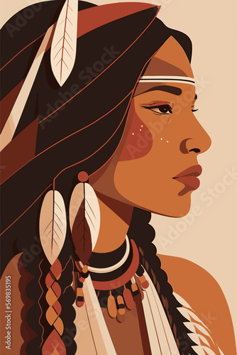 Native american indian woman with feathers in profile, vector illustration