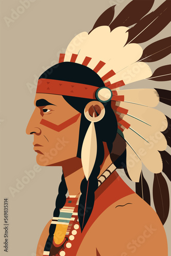 Native american indian man with feathers in profile, vector illustration