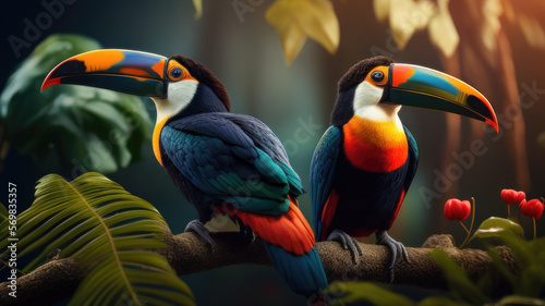 Two toucan tropical bird sitting on a tree branch in natural wildlife environment in rainforest jungle. Generative AI photo