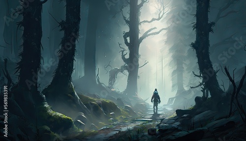 Elven archer hunting for game in the forest. The landscape is a dense and misty forest dotted with towering trees and hidden paths. Illustration fantasy by generative IA