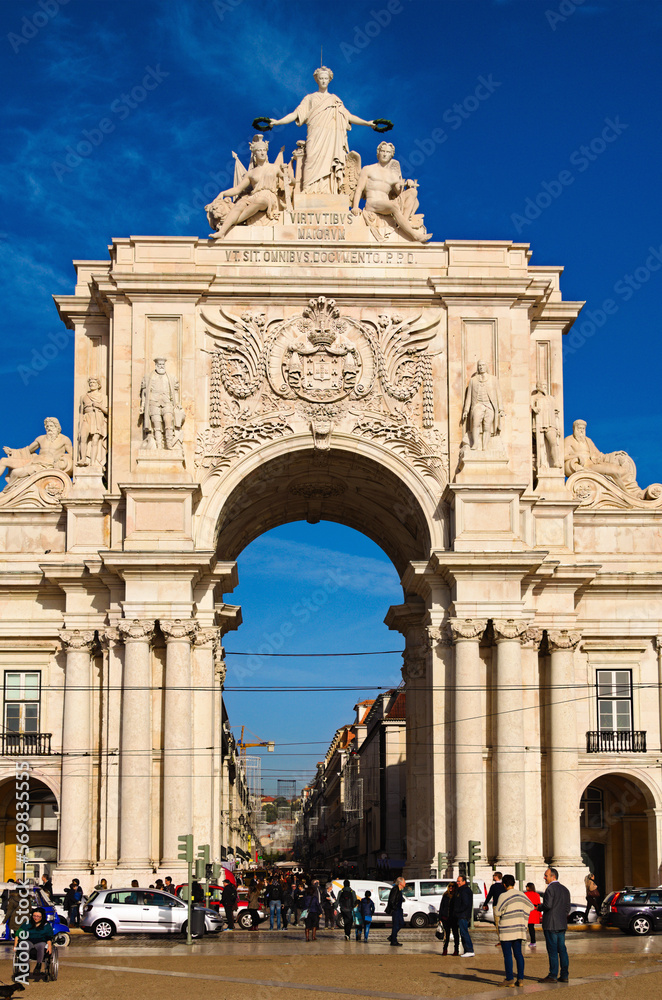 Lisbon, Portugal-December 29,2015:Scenic view of the arco da Rua Augusta at the Parca do Comercio in Baixa. Architectural icon of the city of Lisbon. Travel and tourism concept