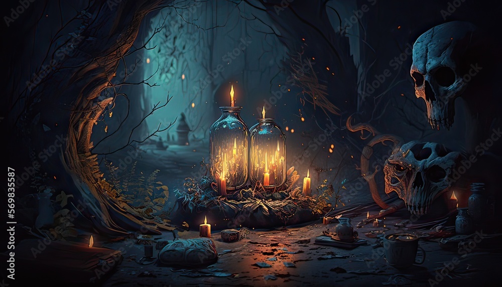 Fototapeta premium Dark sorcerer summoning a powerful demon. A dimly-lit chamber filled with mysterious symbols and flickering candles. Illustration fantasy by generative IA