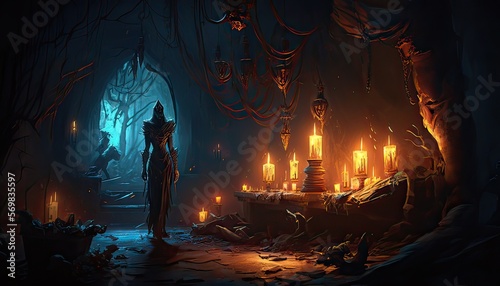 Dark sorcerer summoning a powerful demon. A dimly-lit chamber filled with mysterious symbols and flickering candles. Illustration fantasy by generative IA