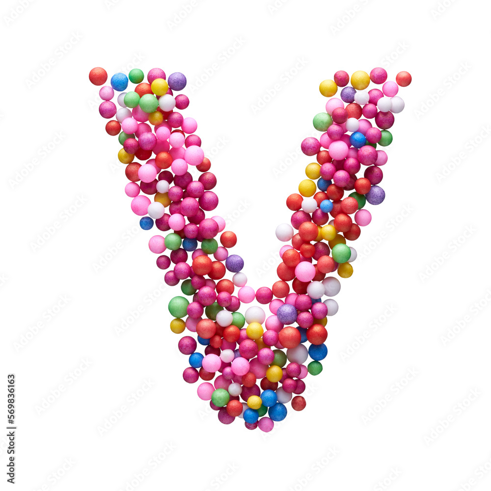 Capital letter V made of multi-colored balls, isolated on a white background. Capital letter V made of multi-colored balls, isolated on a white background.