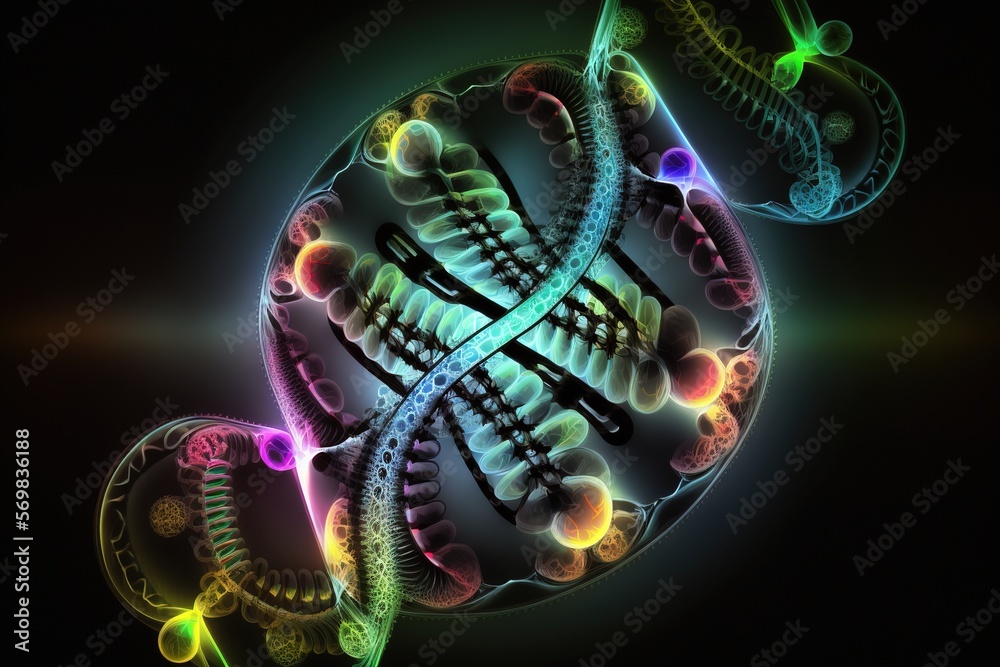 Fototapeta premium DNA molecule composition. Double helix of DNA. Human genome cell genetic biotechnology study in the field of medicine. Genetic engineering research and analysis in science laboratories. Generative AI