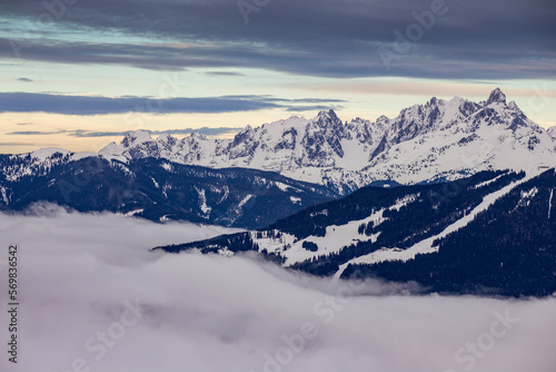 Beautiful winter landscape in the Alps. View from the top of the mountain.
