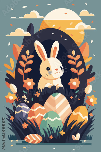 rabbit easter. Happy Easter! Easter bunnies and egg in field.