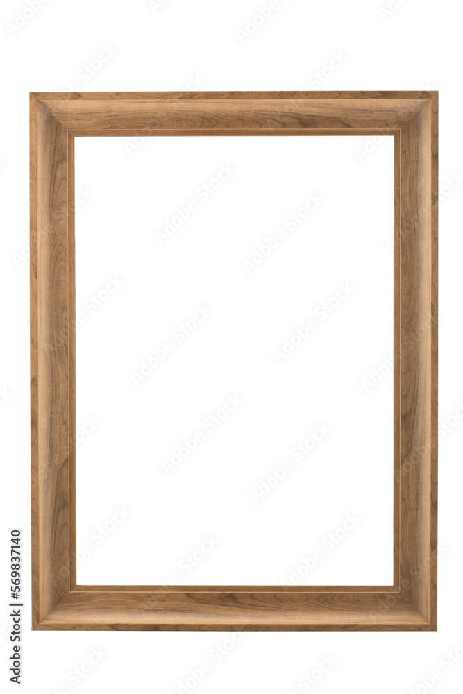 Photo frame made of pine wood on white background