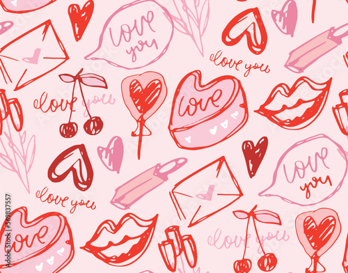 Lettering postcard about love. Happy Valentine'day card - hand drawn doodle lettering postcard. Heart, be mine. Vector. Pattern, background. 