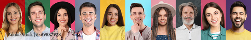 Set with portraits of happy people on different color backgrounds