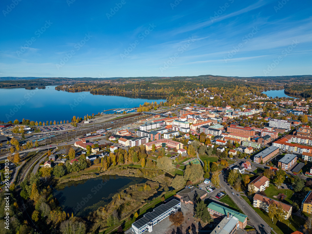 Autumn view of Ludvika town and Väsman lake in Sweden at sunset.