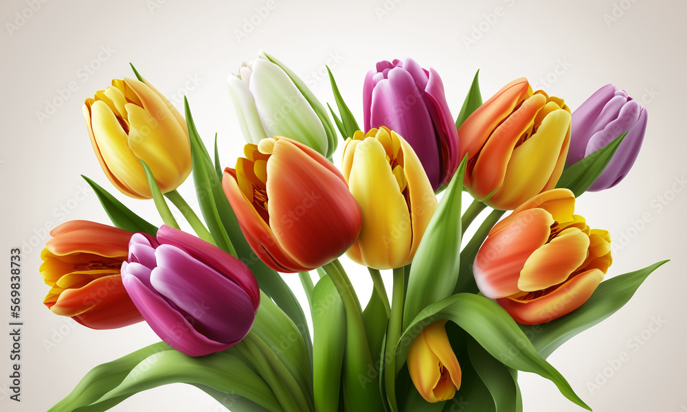 bunter Tulpenstrauß vor weißen Hintergrund, generative AI bunter Tulpenstrauß vor weißen Hintergrund, generative AI