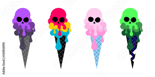 Melting skull ice cream. Gothic ice cream design for Halloween. Hand drawing illustration isolated on white background. Vector EPS 10