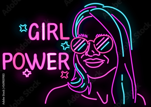 Glowing neon sign with outline of woman and words Girl Power on black background