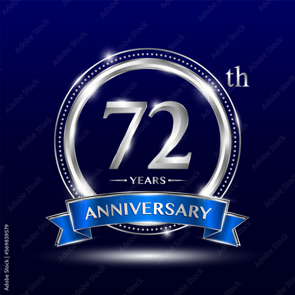 72th Anniversary logo with retro style, silver color ring design and blue ribbon for anniversary celebration event. Logo Vector Template 72th Anniversary logo with retro style, silver color ring design and blue ribbon for anniversary celebration event. Logo Vector Template