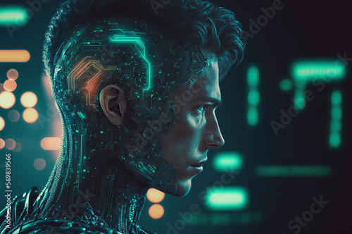 Young man with electronic circuits. Artificial intelligence concept. Created with Generative AI technology.