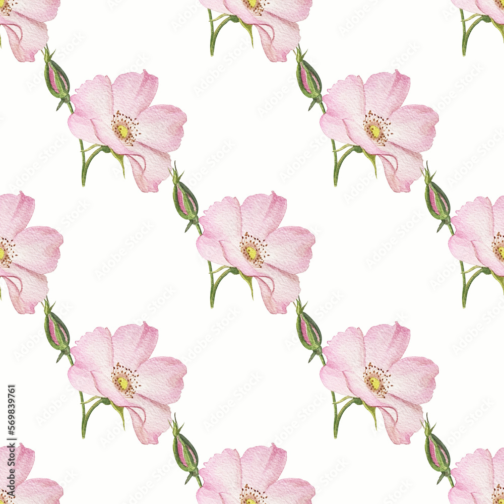 Summer watercolor pattern with pink flowers