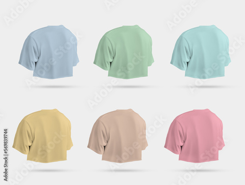 Bright crop top mockup, back view, women's clothing set 3D rendering, canvas bella t-shirt, isolated on white background.