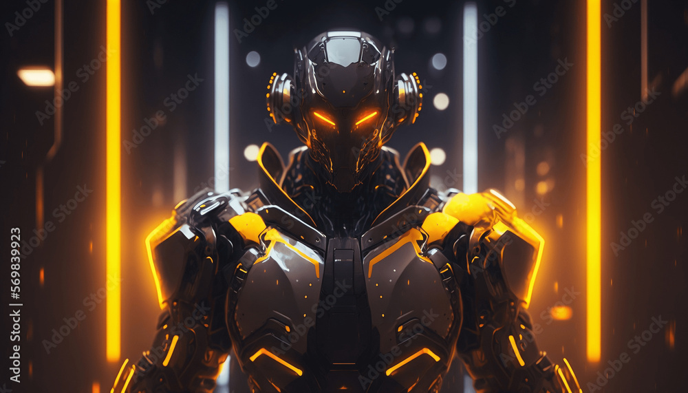 Futuristic sci-fi cyberpunk cyborg with neon lights Digital Illustration