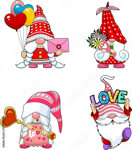 Cute Gnomes Lover Cartoon Characters In Different Poses. Vector Hand Drawn Collection Set Isolated On Transparent Background