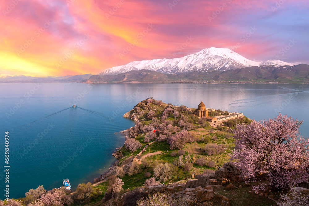 Akdamar Island in Van Lake. The Armenian Cathedral Church of the Holy Cross - Akdamar, Turkey