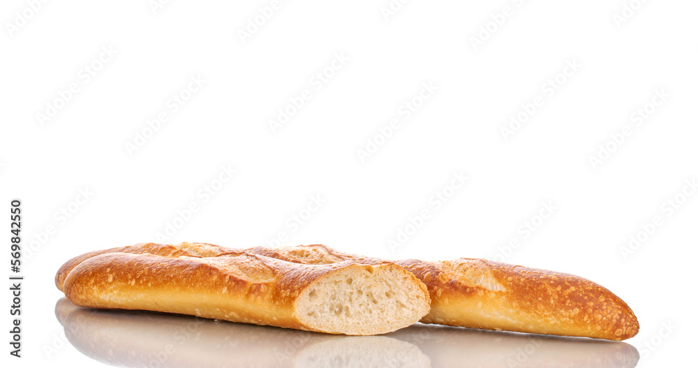 One whole and one half aromatic baguette, macro isolated on white background.