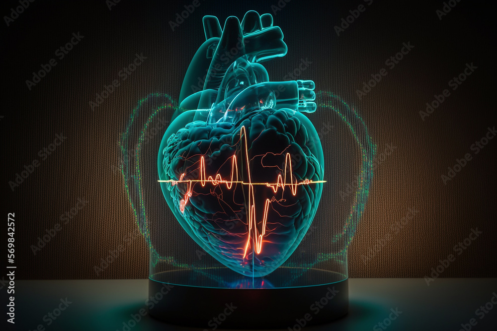 Illustration of blue hologram of heart and heart beat pulse created with generative AI technology