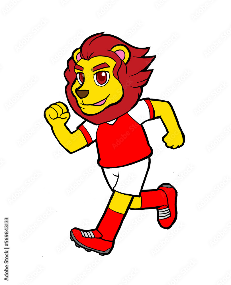 Lion Cartoon Athlete Sprinting in Soccer Football Game Lion Cartoon Athlete Sprinting in Soccer Football Game