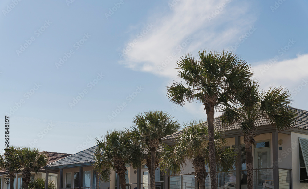 Houses with clay roof tiles and balconies in Destin, Florida. There are views of palm trees at the front of balconies of single-family homes against the sky background.