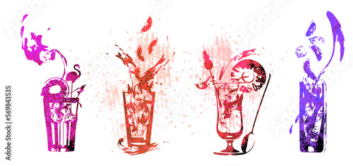 Set of cocktail glasses - Cocktail bar menu. Vector elements for restaurant and cafe. Design template with different colorful cocktails. Art for menu, shop, market or sale.