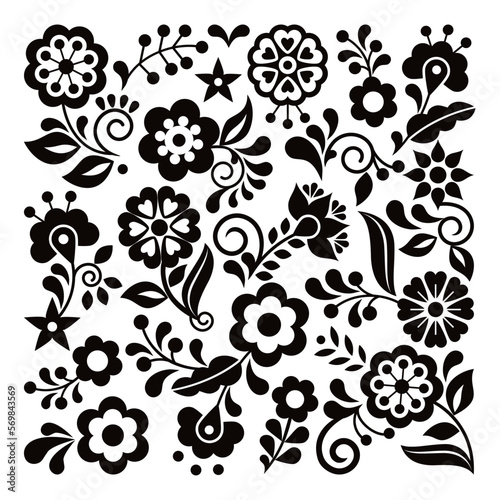 Mexican folk art vector floral greeting card black and white pattern, square composition with flowers inspired by traditional embroidery designs from Mexico
 